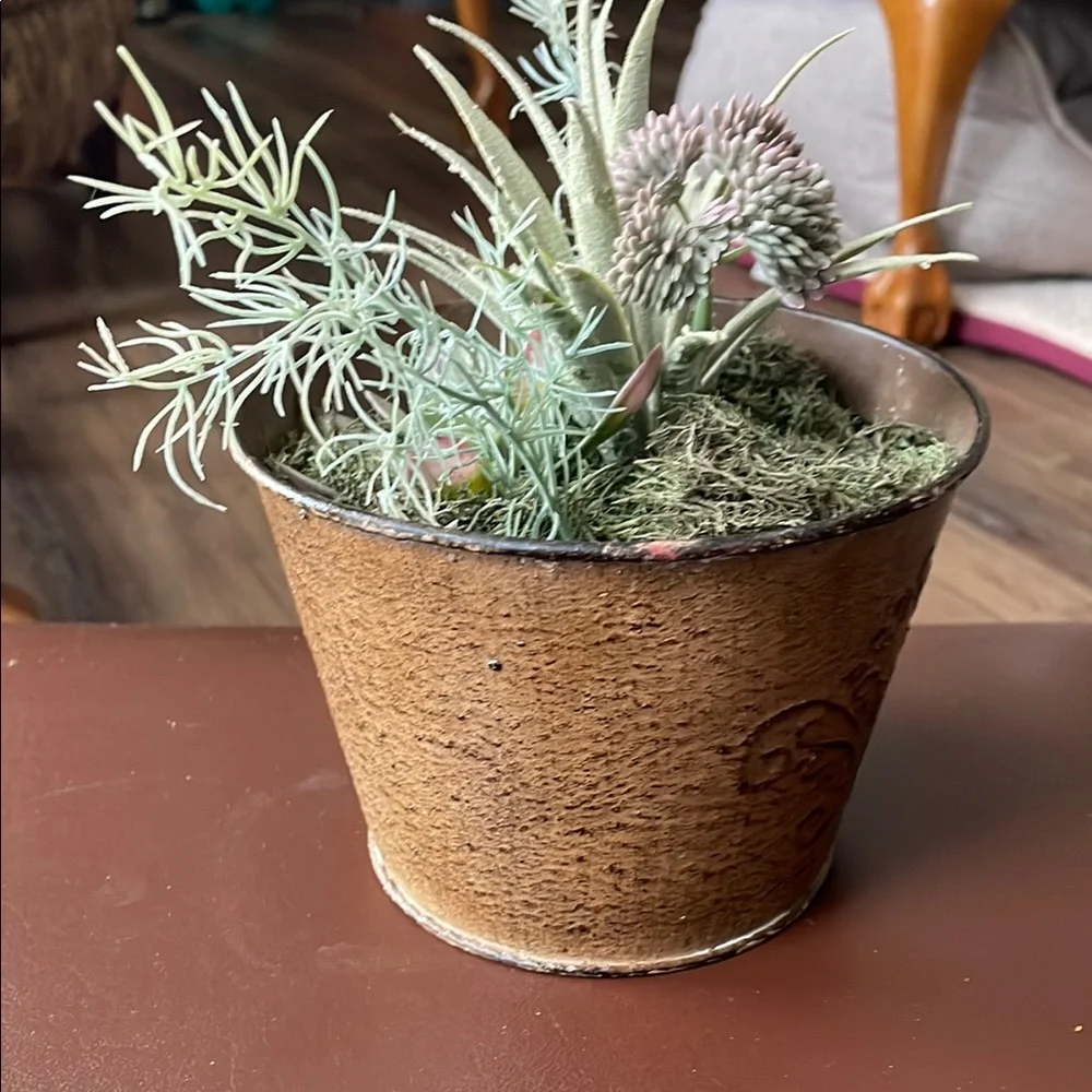 Rustic Brown Planter with Green Faux Succulents